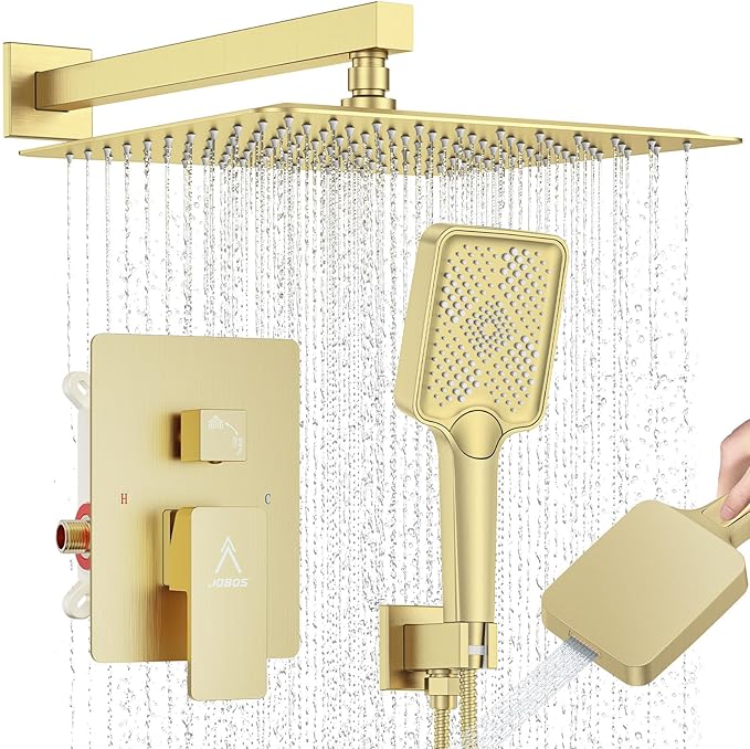 Shower System Modern Rain Brass Faucet Set With Valve and Diverter Shower Mixer With Handheld High Pressure Square Rainfall Shower Valve (12'' Wall Mount, Brushed Gold)
