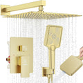 Shower System Modern Rain Brass Faucet Set With Valve and Diverter Shower Mixer With Handheld High Pressure Square Rainfall Shower Valve (12'' Wall Mount, Brushed Gold)