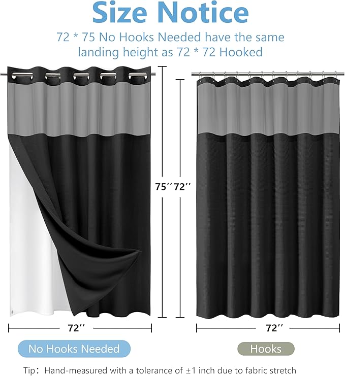 No Hook Waffle Weave Shower Curtain Set with Snap-in Fabric Liner and Mesh Top Window,256GSM Heavy Duty Fabric,Black Washable Luxury Shower Curtain for Bathroom Stalls (72x75 Inch)