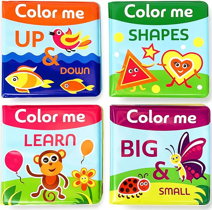 BabyBibi Color Me Bath Books Plus Crayons – Set of 4 Different Books – Includes 6 Washable Bath Crayons – Learn and Play Including Opposites and Shapes – Suitable for 2+