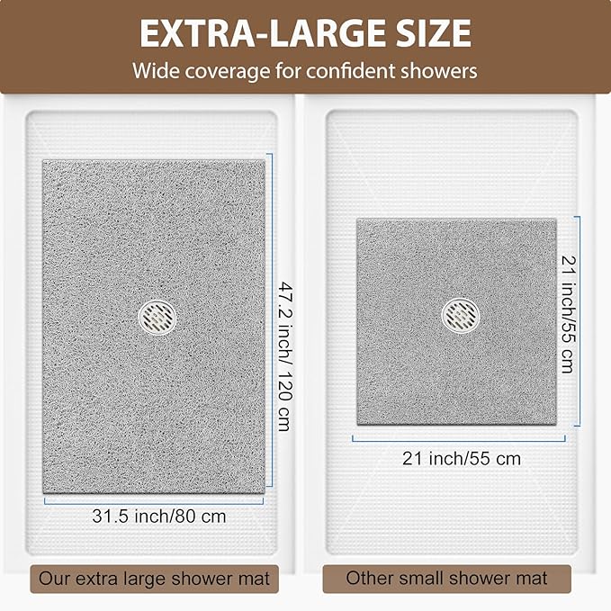 Shower Mat Non Slip: 47.2 x 31.5 Inch Extra Large Shower Mats for Inside Shower with Drain Hole - Soft PVC Loofah Anti Slip Shower Stall Mat for Walk-in Shower and Bathroom, Quick Drying