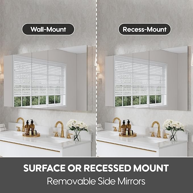 WELLFOR 60" x 30" Rectangle Medicine Cabinet Mirror, Surface Mount or Recessed Medicine Cabinet with Tempered Mirror, Anodized Chrome Aluminum Frame, Bathroom Mirror with Storage