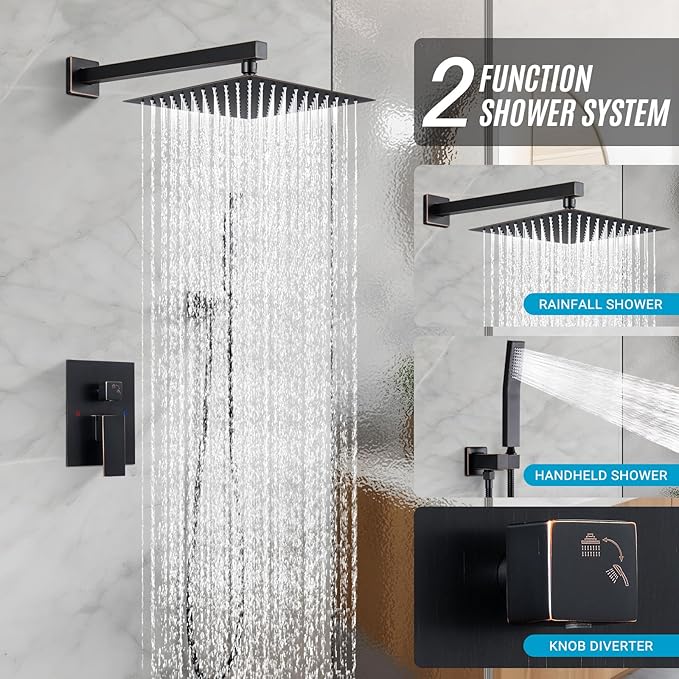 Shower Faucet Set, Wall Mount 10 Inch Square Rainfall Shower Head and Handle Set Single Handle Shower System Set with Female Threads Valve Body and Trim Included (Oil Rubbed Bronze)