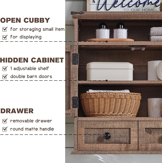 ACCOHOHO Bathroom Wall Cabinet, Farmhouse 24" Wide Medicine Cabinet with Drawer, Adjustable Shelf, Double Barn Doors, Storage Cabinets for Bathroom, Kitchen, Living Room, Rustic Brown