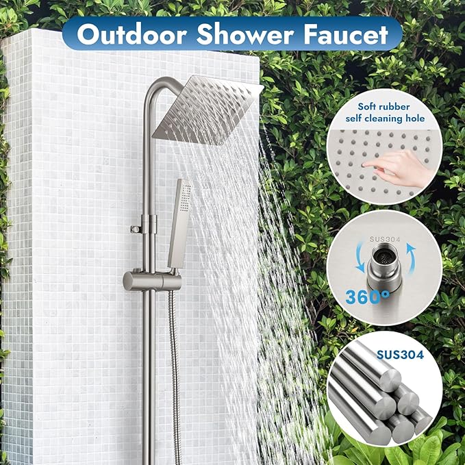 Wall Mounted Outdoor Shower Set Brushed Nickel 6 Inch Square Rainfall Shower Head with Hand Held Spray Double Cross Handles with Adjustable Slide Bar Exterior Dual Function Shower Kit