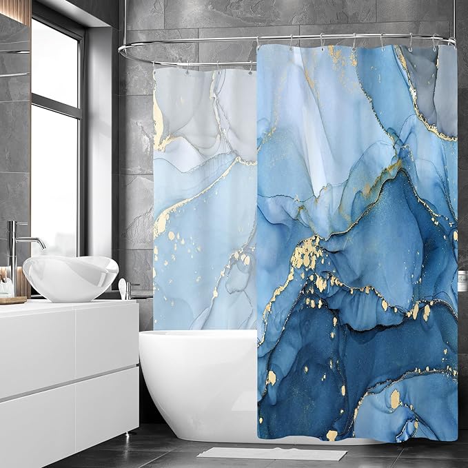 Extra Wide Marble Shower Curtain 108 x 72, Blue Abstract Shower Curtains for Claw Foot Tub, Modern Luxury 108 inch Long Shower Curtain Set with 18 Pack Plastic C-Hooks