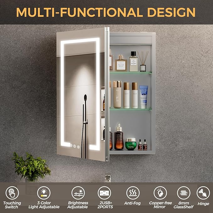 LED Bathroom Mirror 20 * 26 Stepless Dimmable Wall Mirrors with Anti-Fog, Shatter-Proof, Memory, 3 Colors, Memory Function, Water Proof, Decor Vanity Mirror