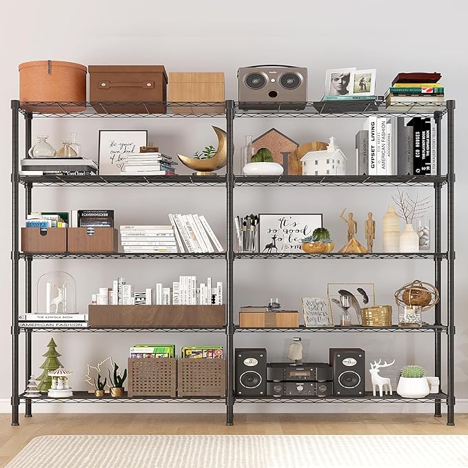 5 Tier Storage Racks Shelving, Heavy Steel Pantry Shelves, Adjustable Wire Shelving Rack, Suitable for Garage, Kitchens, Offices, 58" W x 13.8" D x 71" H, Black
