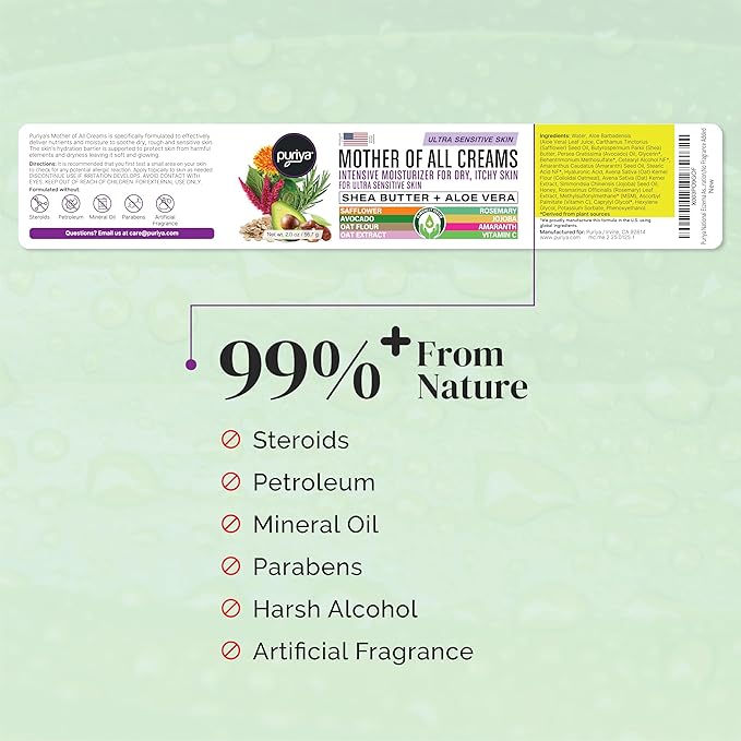 Puriya National Eczema Association Accepted Cream 2 oz, Dry Itchy Skin Relief, Colloidal Oatmeal Lotion, For Kids, Adults, Face, Hands, Mother of All Creams, Plant-Based Hydration,No Fragrance Added