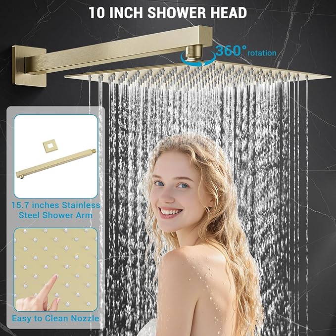 Shower Faucet set with Shower head, Wall Mount 10 Inch Square Rainfall Shower Head and Handle Set Single Handle Shower System Set with Female Threads Valve Body and Trim Included (Brush Gold)