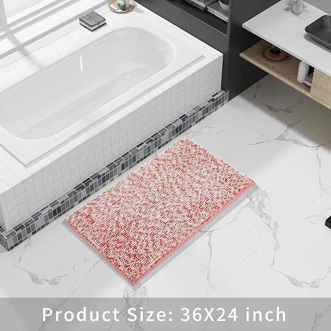 Yimobra Bath Mats for Bathroom Non Slip, 36x24, Extra Soft Chenille Bathroom Rugs, Luxury Fluffy Long Matts for Tub, Plush Shaggy Carpet, Water Absorb, Machine Washable, Orange & Pink