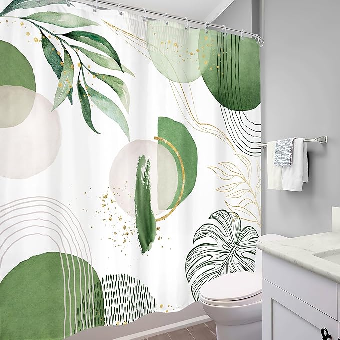 Green Boho Shower Curtain 72Wx72H Mid Century Modern Abstract Gold Olive Tropical Palm Leaves Plant Geometric Bathroom Decor Minimalist Bohemian Bath Curtain Fabric Polyester 12 Pack Hooks