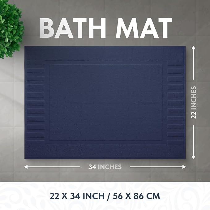 White Classic Luxury Bath Mat Floor Towel Set - Absorbent Cotton Hotel Spa Shower/Bathtub Mats [Not a Bathroom Rug] 22"x34" | 2 Pack | Navy Blue