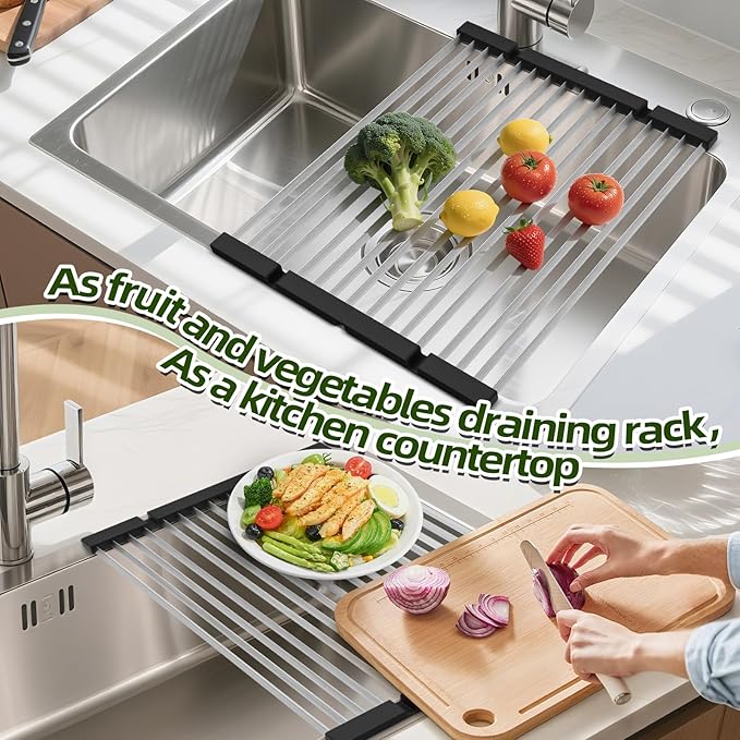 GAViA Roll Up Dish Drying Rack Over The Sink Drying Rack Stainless Steel Sink Drying Rack Kitchen Dishes Drying Mat Foldable Dish Drainer Rack Kitchen Sink Organizer Accessories