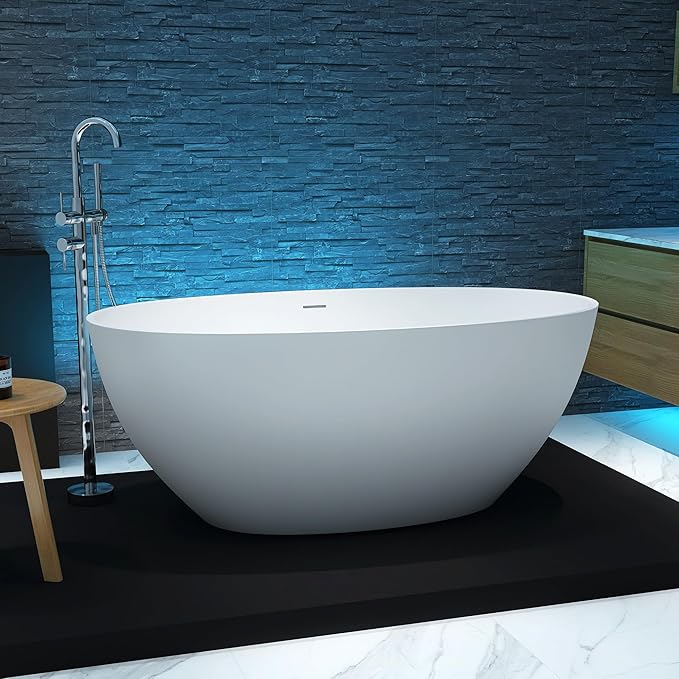 55'' Resin Stone Soaking Bathtub Freestanding Bathtub Solid Surface Modern Tubs with Overflow and Pop-up Drain in White…