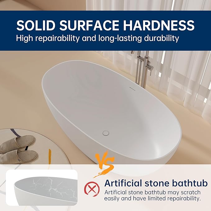 59'' Stone Resin Freestanding Bathtub, Bathroom Solid Surface Tub Bathtubs soaker Tubs Oval Shaped Matte Luxury Modern Soaking Tub with Overflow and Pop-up Drain - White