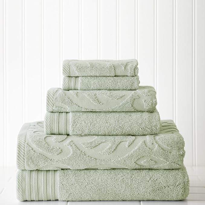 Modern Threads 6 Piece Jacquard/Solid Towel Set-Medallion Swirl Soft Jade