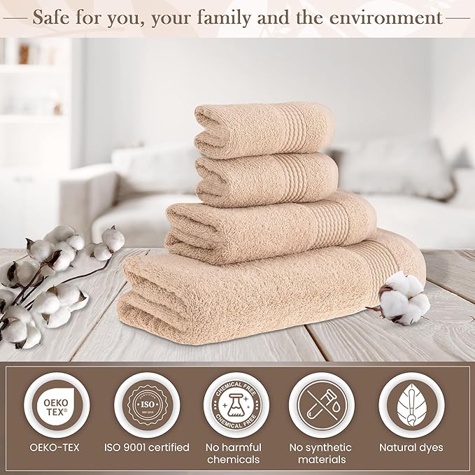 HALLEY Turkish Cotton Towels (Set of 4) 1 Bath Towel 1 Hand Towel 2 Washcloths, Super Soft Highly Absorbent 100% Cotton Towels for Bathroom and Kitchen for Mother’s Day (Tan)