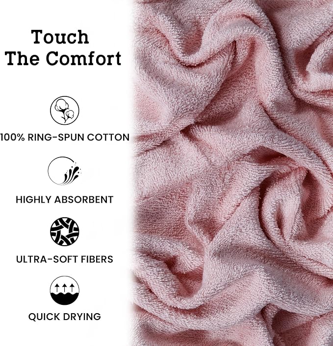 Casa Lino Bath Towel Set of 8 (2 Bath Towels, 4 Wash Cloths & 2 Hand Towels for Bathroom) - 100% Cotton - Highly Absorbent & Quick Dry - Guest Room Essentials for Bathroom Set - (Blush Pink)