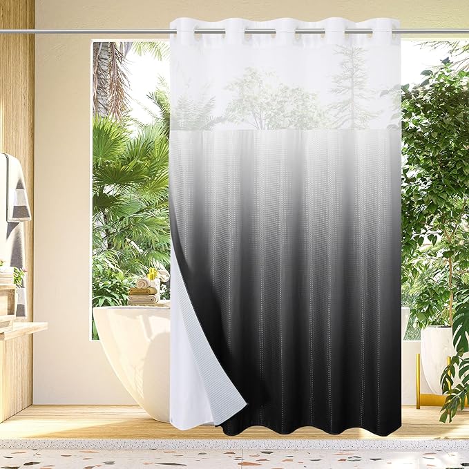 Gibelle No Hook Waffle Weave Shower Curtain with Snap-in Fabric Liner Set for Bathroom, Hotel Style with Mesh Top Window, Waterproof & Washable, Ombre Black, 72x74