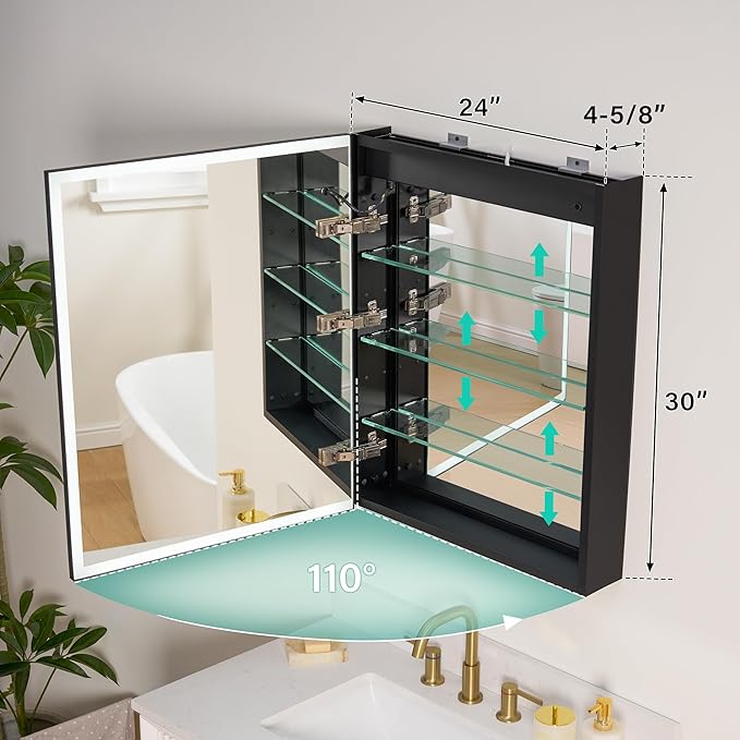 WELLFOR 24" X 30" LED Mirrored Medicine Cabinet, Medicine Cabinets with Lights for Bathroom, Defogging Function Mirror Cabinet, Bathroom Medicine Cabinet with USB Port & Outlet, Left Opening Doors