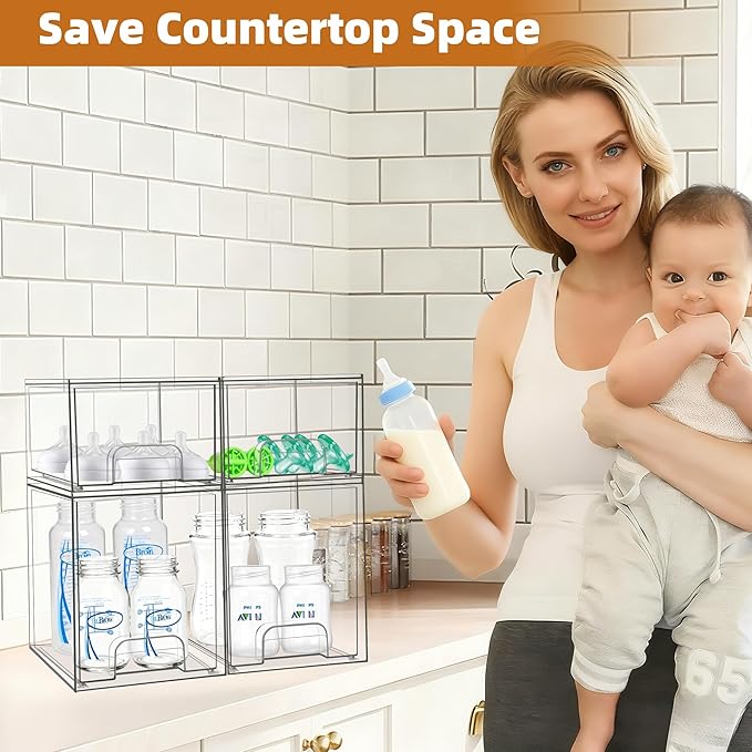 Baby Bottle Organizer, Stackable Storage Drawers with Label, Clear Station Organizers Container for Pacifiers, Pump Parts, Desk Organizer Bins for Bathroom, Cabinet, Pantry, Vanity, Countertop, 4 Pack