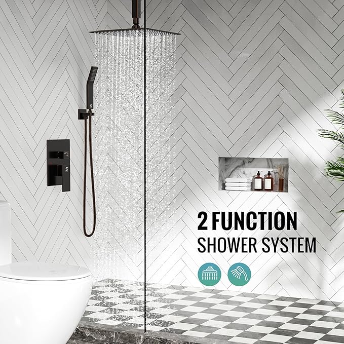 SR SUN RISE 12 Inch Oil Rubbed Bronze Shower System Brass Bathroom Luxury Rain Mixer Shower Combo Set Ceiling Mounted Rainfall Shower Head System Faucet Trim Repair Kits with Rough-In Valve and Trim