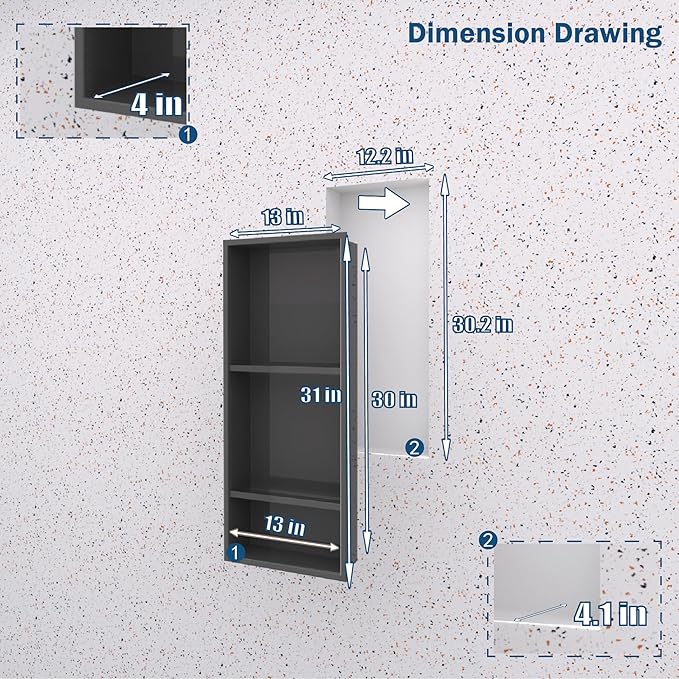 Stainless Steel Niche for Shower Wall，Shower Niche Insert Tile Ready ，Organizer Storage for Room，3-Tier Shelves ，Matte Black (Black，30 * 12 in)