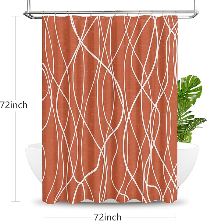 Tititex Morden 140gms Faux Linen Fabric Bath Shower Curtain Set Textured Fabric with Caramel White Curve Pattern 72x72 Inch Water Resistant Bathroom Curtains, Weighted Hem & Hooksfor Hotel/Home