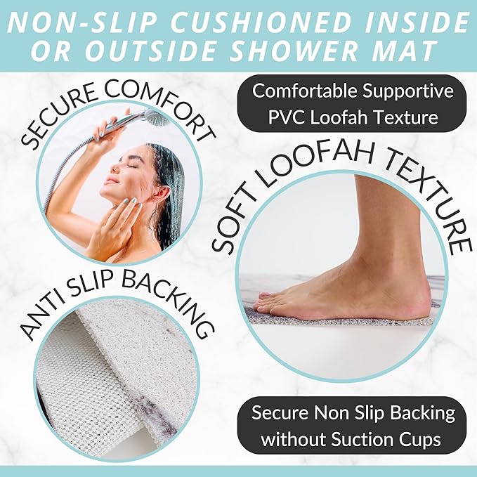 Enkosi Loofah Non-Slip Shower Mat - Shower Floors, Bathtub, Bathrooms, Wet Areas - Cushioned Bath Mat with Drain Holes - Quick Dry PVC, Secure Safety Pad Without Suction Cups (32x24 Marble Grey Blue)