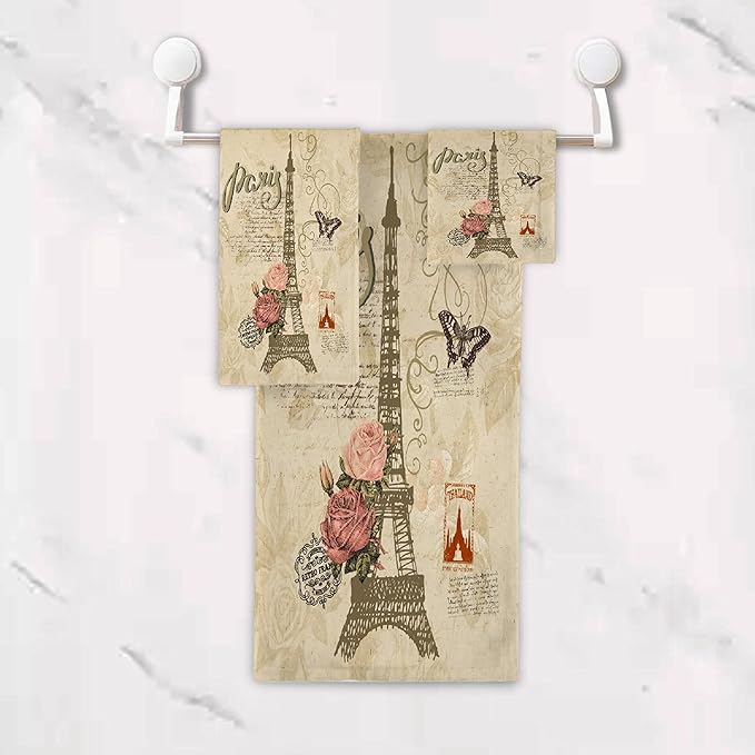 Vintage Butterfly Paris Eiffel Tower 3 Piece Towel Bathroom Sets, 1 Bath Towel, 1 Washcloth, 1 Hand Towel, Cotton Fast Dry Soft Absorbent Towel Set for Home Kitchen Family