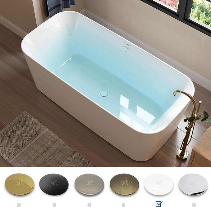 FerdY Maui 67" Acrylic Freestanding Bathtub, Contemporary Elegant Design Soaking Tub with Polished White Drain and Minimalist Linear Design Overflow, Easy to Install