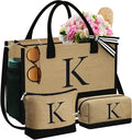 YOOLIFE Christmas Gifts for Women - Initial Jute Tote Bag & 2 Makeup Bags Personalized Gifts for Women Teacher Mom Friend