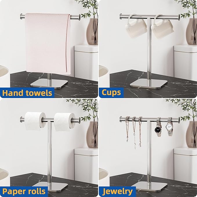 RUACQ T-Shape Hand Towel Holder Stand, Weighted Base Towel Rack, Countertop Towel Holder for Bathroom, 304 Stainless Steel, Heavy Duty (Chrome)