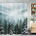 Riyidecor Green Mountain Shower Curtain 72Wx72H Inch Winter Snowy Rustic Sage Scenery Misty Landscape Foggy Christmas Pine Tree Wood View Bathroom Decor Fabric Polyester Waterproof 12 Pack Hooks