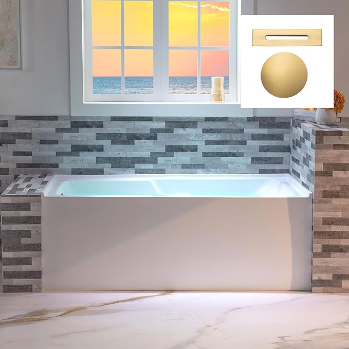 WOODBRIDGE 54" Acrylic Rectangular Alcove Soaking Bathtub in White with Left Drain, Brushed Gold pop-UP Drain Included BA5430L