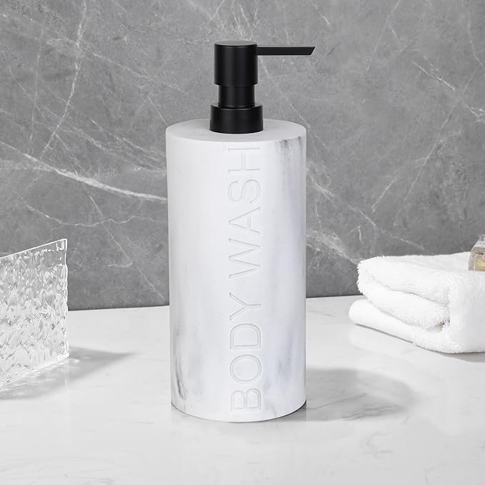 Resin White Marbled Body Wash Engraved Bottle Refillable Pump Dispenser, Durable Waterproof Construction for Bath, Shower - Resin White Marble - Matte Black Pump