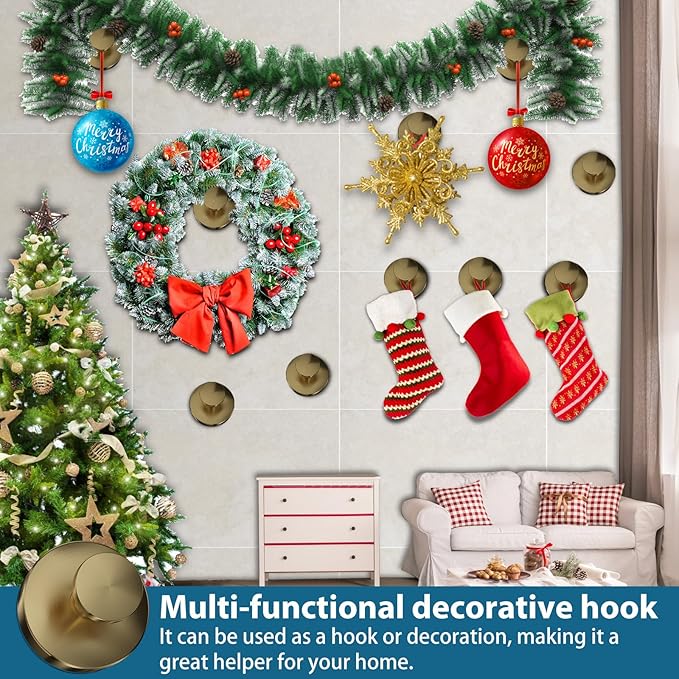 Suction Cup Hooks for Shower, 4 PCS No-Drill Towel Holder for Bathrooms Wall, Glass Door, Mirror, Tiles, Kitchen, Hold Robe & Wreath, Hanging up to 15 lbs – Waterproof & Rustproof, Loofah-Gold