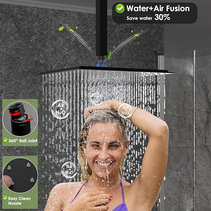 ENGA Dual Shower Head System with Tub Spout, Ceiling Mount 12 Inch Shower Head with 6 Inch Wall Mount Shower Head Shower Faucet Set, Matte Black