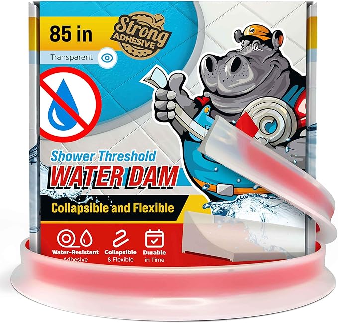 Shower Threshold Water Dam Barrier 85" - Transparent Collapsible Shower Water Blocker - Guard for Walk in Shower - Water Guard Stopper for Floor - Shower Door Water Blocker by Hippo Dam