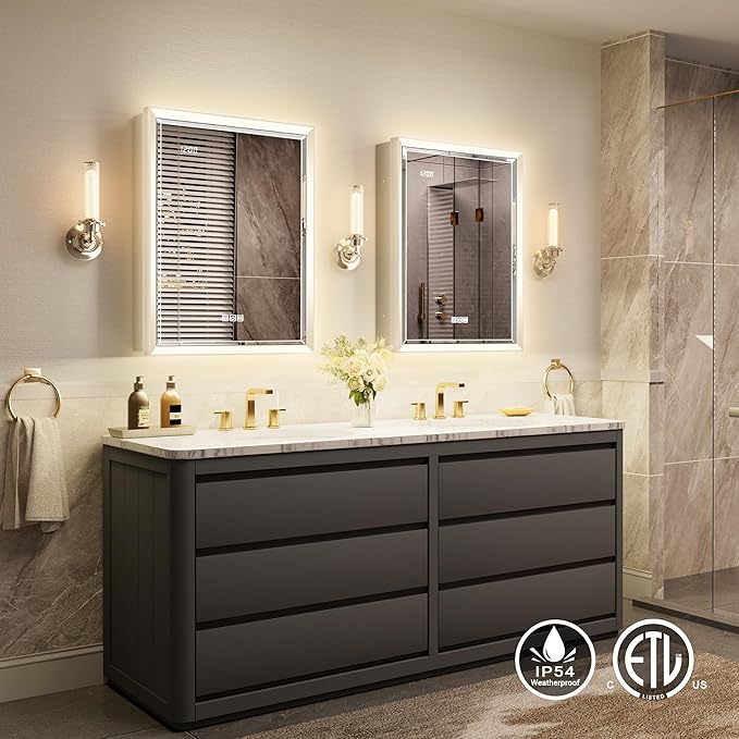 Beveled Lighted Medicine Cabinet with Mirror & Lights -20x26 Surface or Recessed Mirrored Medicine Cabinet with Outlet & Clock, Anti-Fog Dimmable LED Storage Cabinet, Built-in Sensor Light