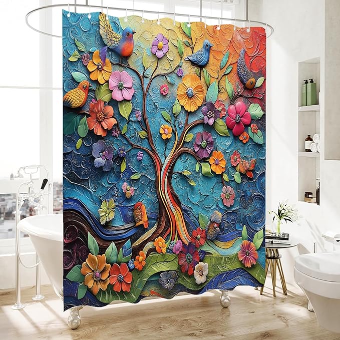 Bohemian Shower Curtain, Boho Floral Print Water Repellent Polyester Fabric for Bathroom Decor, 72×72 Inch Standard Size with 12 Hooks, Also as Room Divider