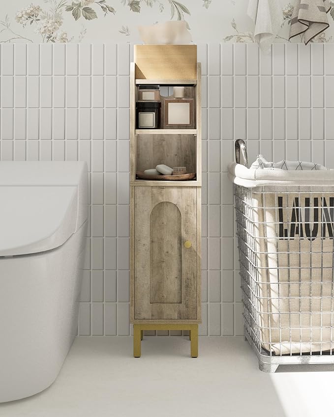 Bathroom Storage Cabinet, Small Corner Floor Cabinet with Door and Shelves, Narrow Toilet Paper Holder, Bathroom Organizer with Adjustable Shelf, for Small Spaces, Rustic Greige BC08205X