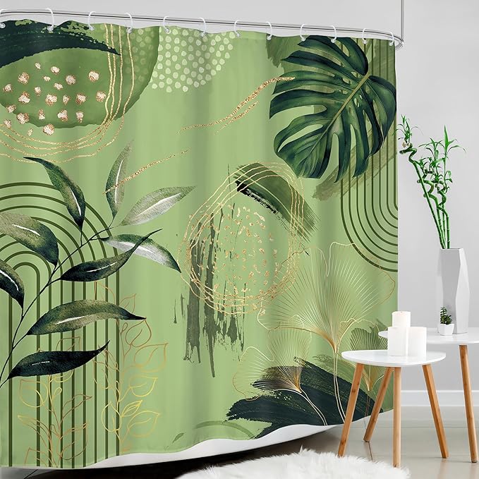 Sage Green Boho Shower Curtain 72Wx72H Abstract Mid Century Tropical Palm Leaves Gold Plant Geometric Minimalist Botanical Bathroom Decor Modern Bath Curtain Fabric Polyester 12 Pack Hooks