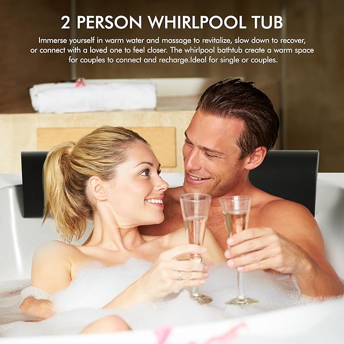 Empava 71" two Person Acrylic Whirlpool Bathtub with 16 Hydro-Massage Jets & Chromotherapy Rectangular Alcove Jetted Soaking Tub, Acrylic SPA Bath Tub, ETL Certified Waterfall Faucet, White