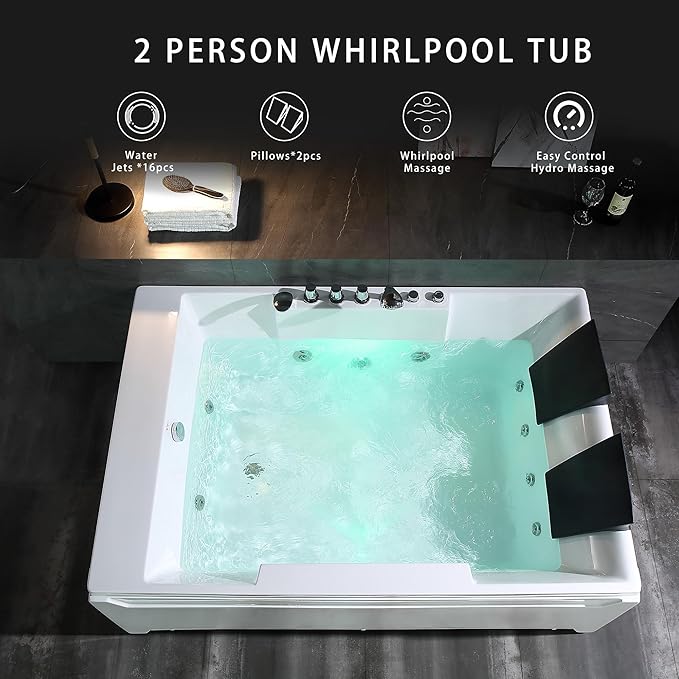 72-Inch Whirlpool Jetted Tub,Acrylic Hydro Massage Bathtub with 10 Jets, Color-Changing LED Lights,2-Person Jetted Bath Tub for Couples