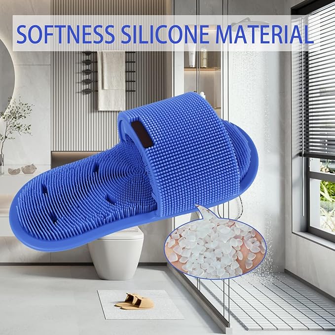 Shower Foot Scrubber with Non-Slip Suction Cups, Silicone Bristle Shower Foot Cleaning Brush Slipper for Spa Massager Exfoliating Dead Skin Remover (1 PCS) (Blue)
