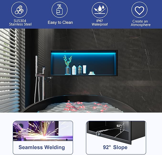 RGB LED Light Shower Niche, Matte Black 30X12 in Stainless Steel Wall Niche with Remote Control, Waterproof No Tile Needed Wall Niche for Bathroom Storage Built-in Installation