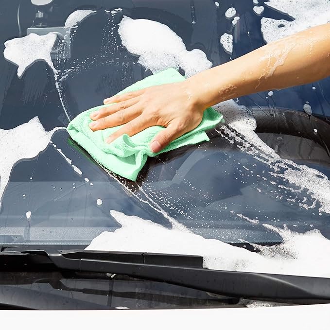 Amazon Basics Microfiber Cleaning Cloths, Non-Abrasive, Reusable and Washable, Pack of 36, Green/Gray/Pink, 16" x 12"