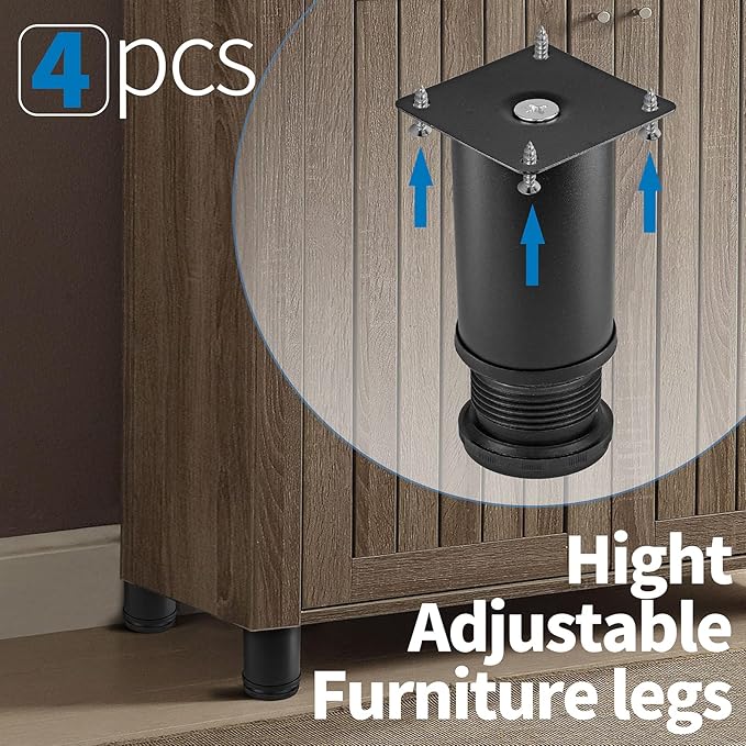 4 Inch Metal Furniture Legs Stainless Steel Adjustable Legs Black Metal Legs Round Cabinet Legs for Coffee Table Cabinet Desk Sofa Shelves, Pack of 4